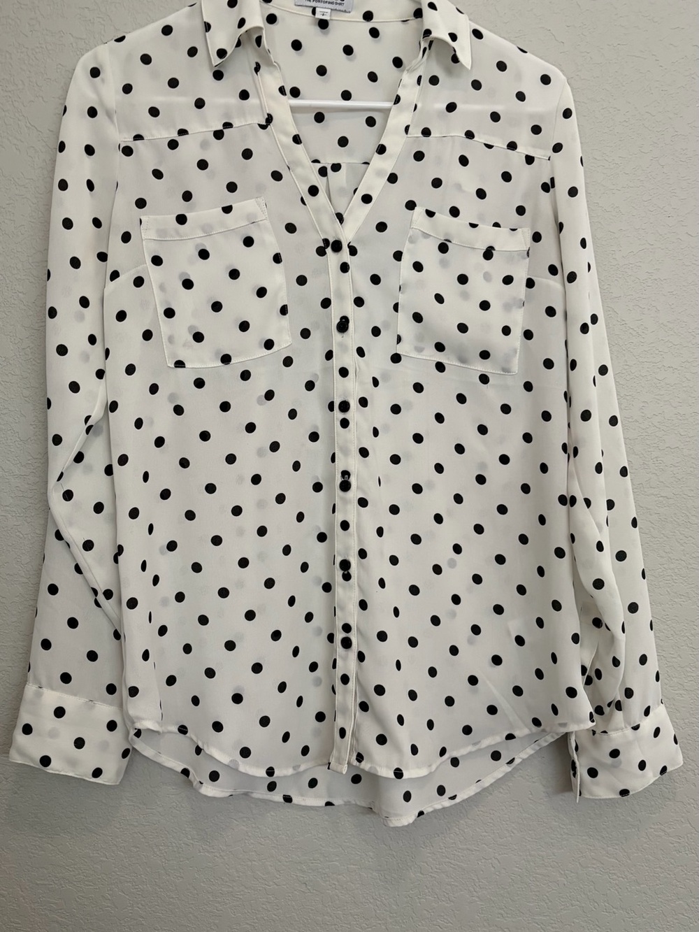 Express White Button-Down Blouse with Black Polka Dots